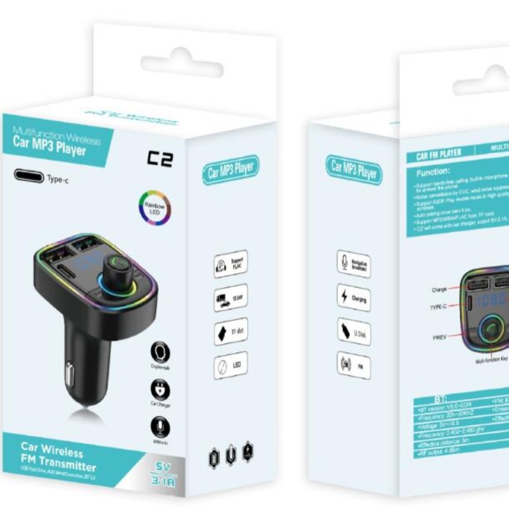 5V3.1A Dual USB with Type-C Port Car Charger BT5.3 Car MP3 Player Wireless FM Transmitter BT Handsfree Call Car Kit