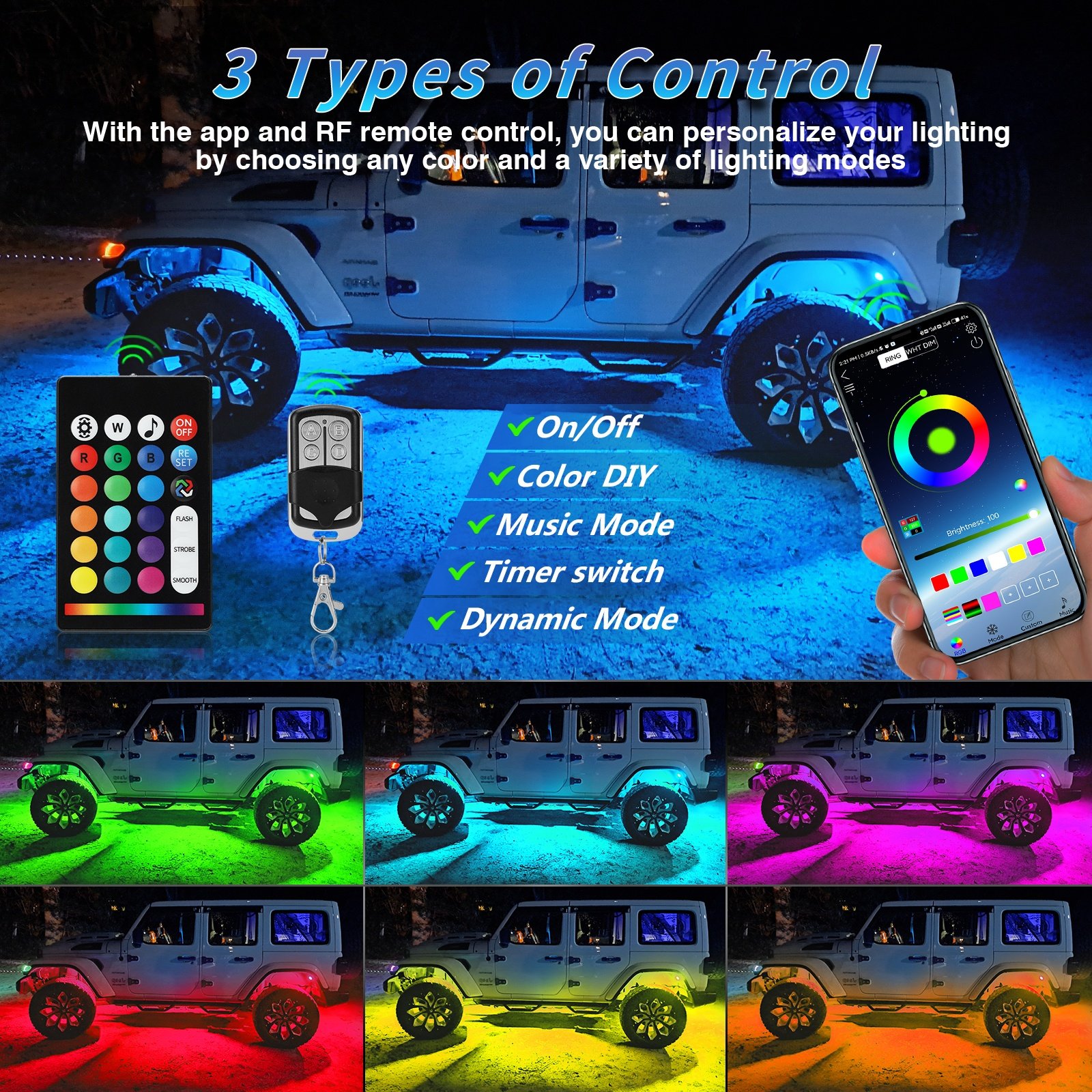 8Pods RGB LED Rock Lights Kit with APP/RF Remote Control Underglow Lights with Segmented Color Change Multicolor RGB Rock Lights