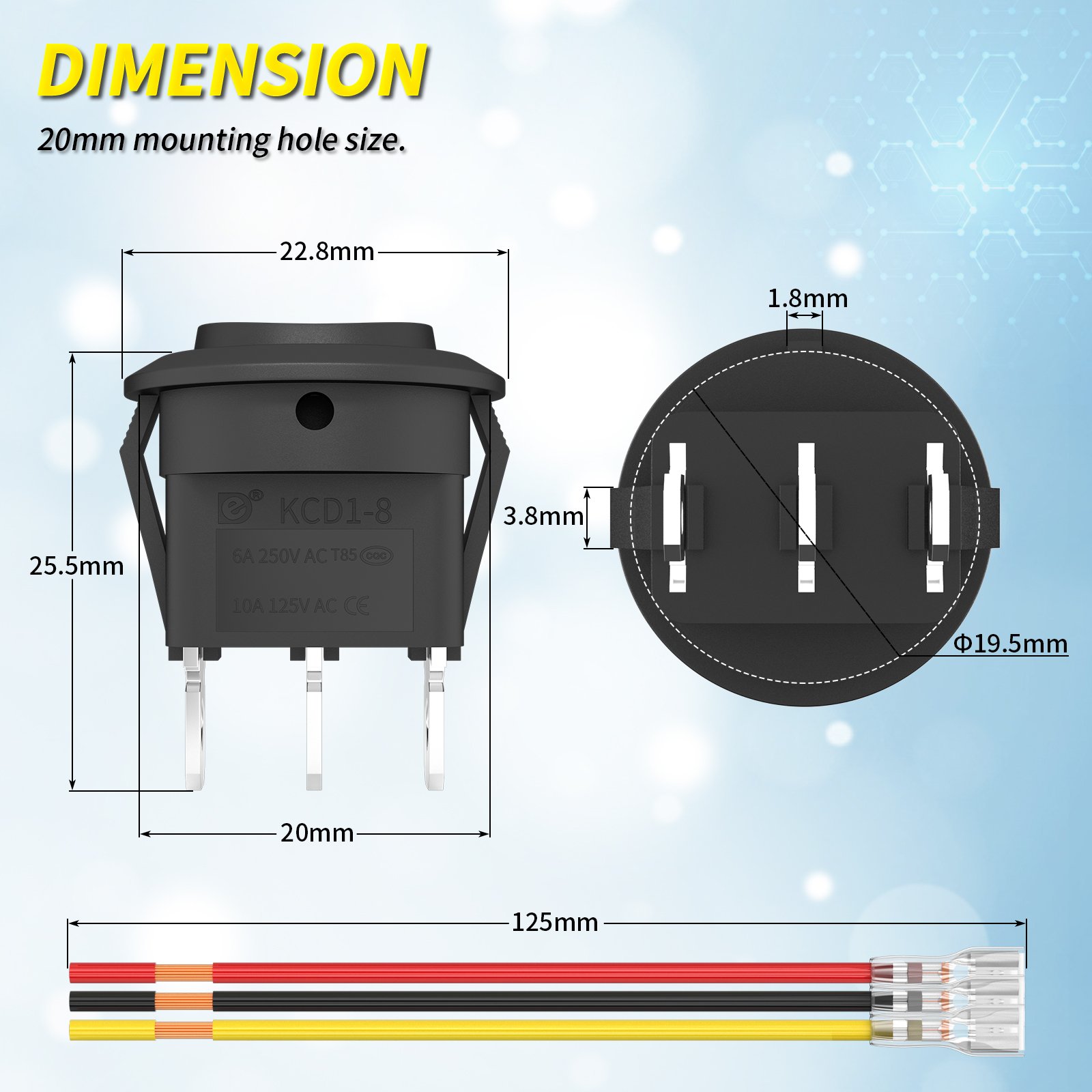 3 Way Round Rocker Switch 12V Waterproof 3 Pin ON/OFF/ON 6A/250V AC 10A/125V DC SPDT Circle Rocker Switch With Wire for Auto Car