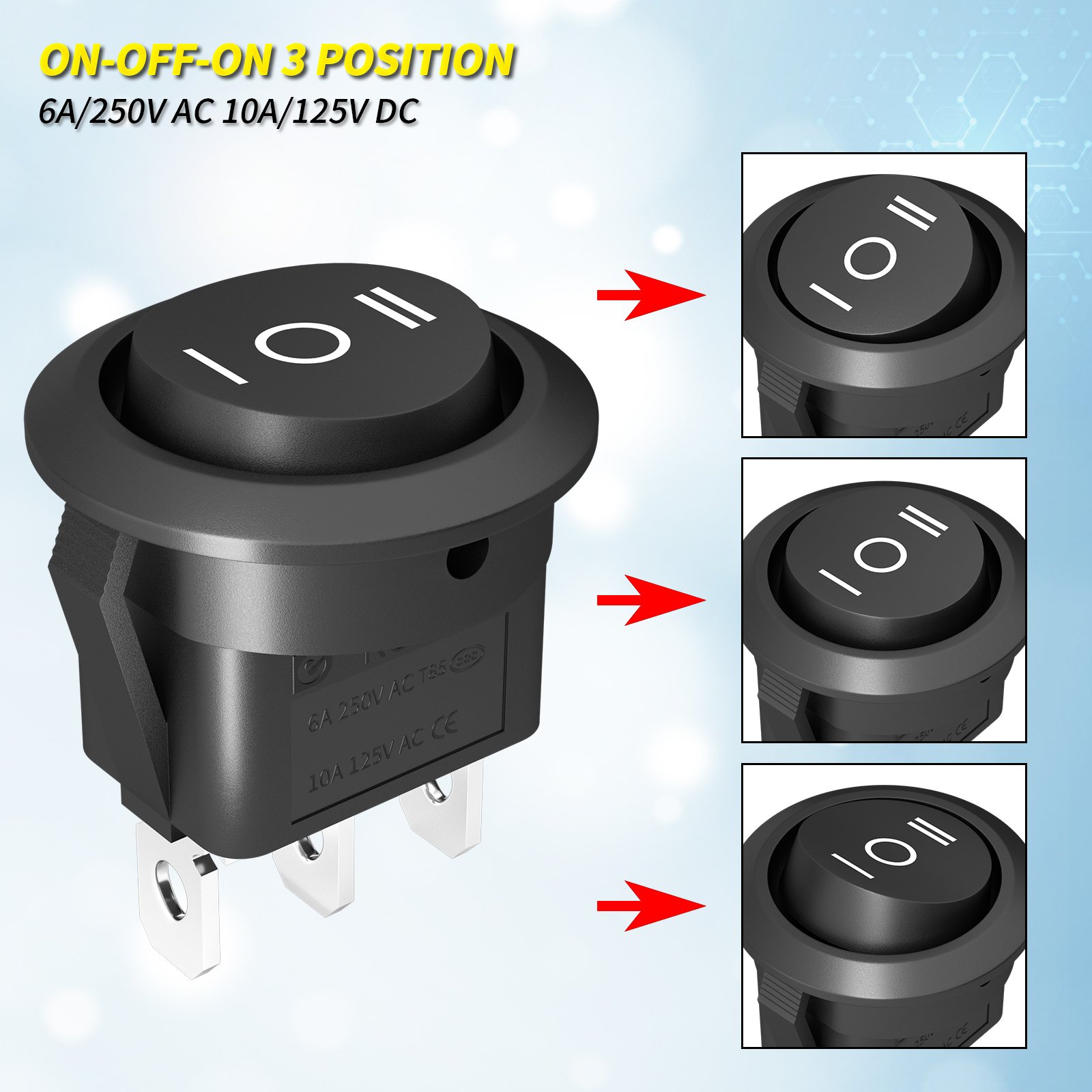 3 Way Round Rocker Switch 12V Waterproof 3 Pin ON/OFF/ON 6A/250V AC 10A/125V DC SPDT Circle Rocker Switch With Wire for Auto Car