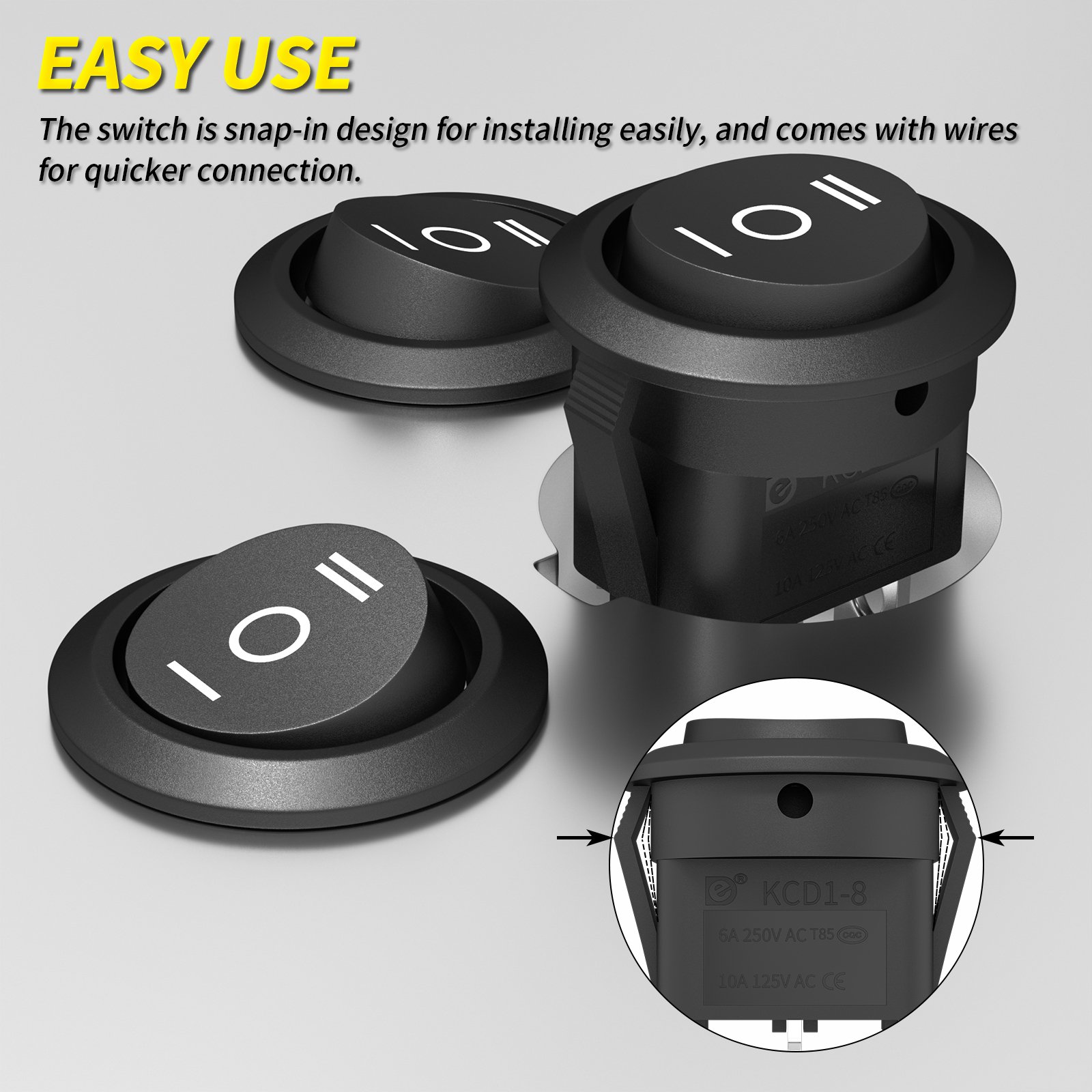 3 Way Round Rocker Switch 12V Waterproof 3 Pin ON/OFF/ON 6A/250V AC 10A/125V DC SPDT Circle Rocker Switch With Wire for Auto Car