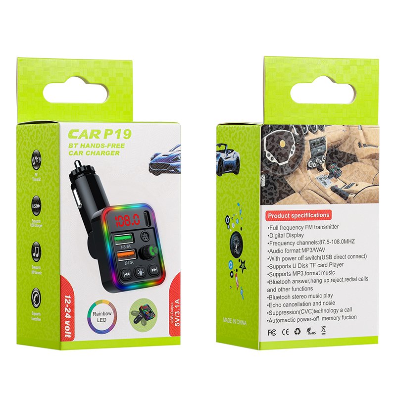 Wireless Auto Car Kit Dual Port Charging Colorful Atmosphere Lights Car Mp3 Fm BT Transmitter Wireless V5.0