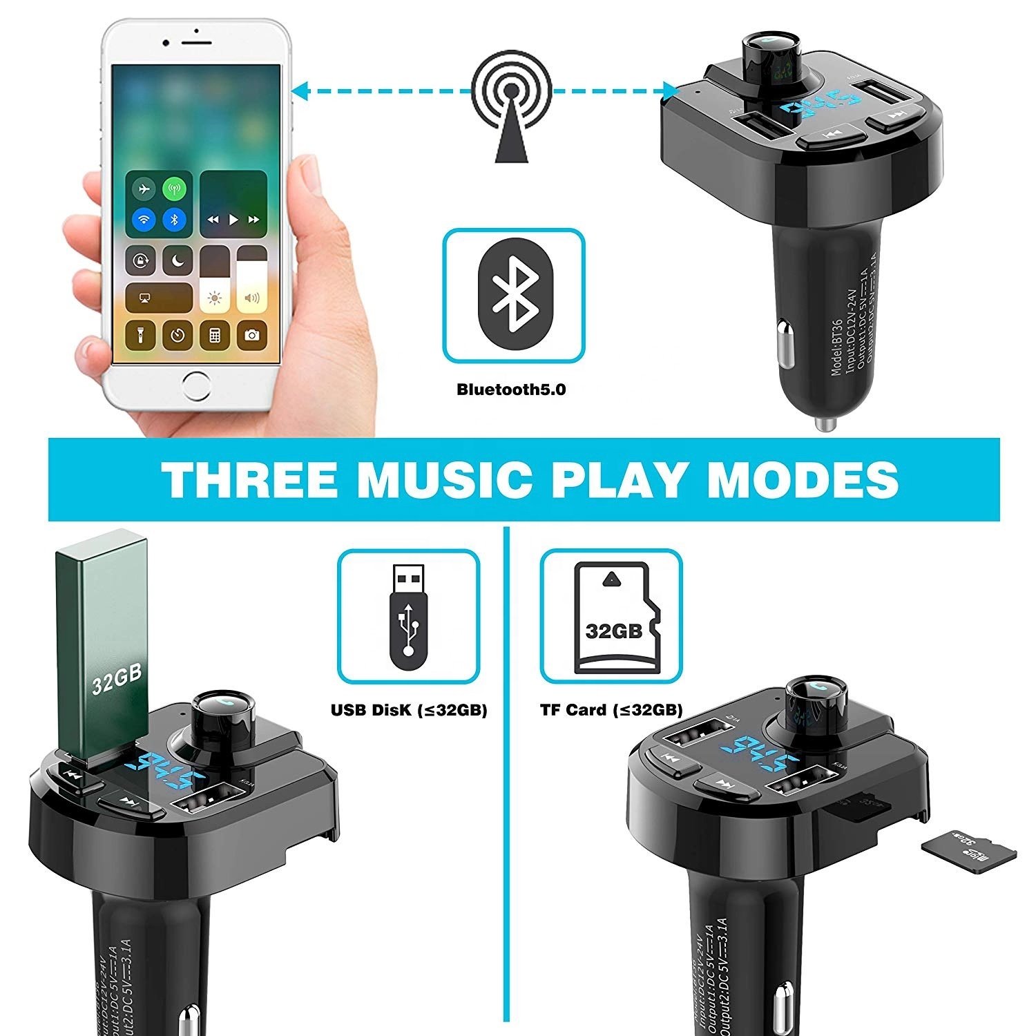 BT36 Wireless Car Adapter Car Kit Blue Tooth FM Transmitter with Hand-Free Calling Music Player Support TF Card USB Flash Drive