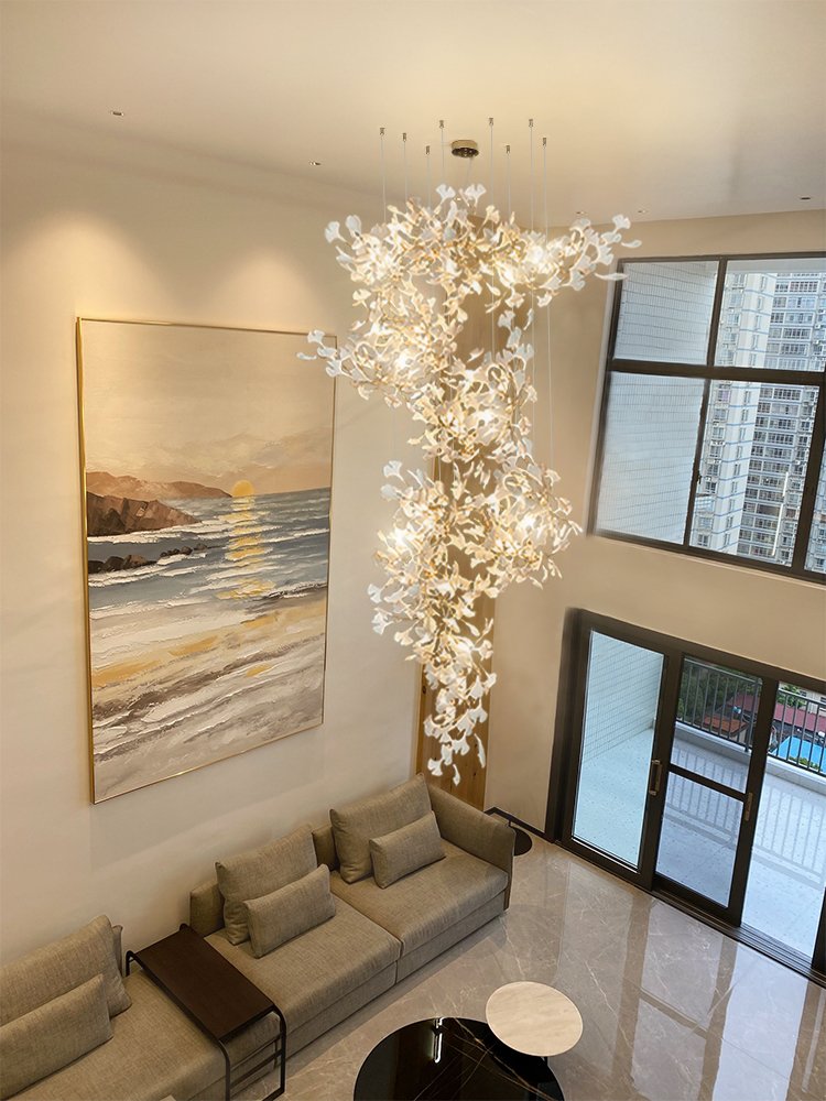 Nordic Style Ginkgo Branch Leaves Oversized Chandelier Staircase Modern Petal Chandeliers Pendant Lights Villa Mall Lighting