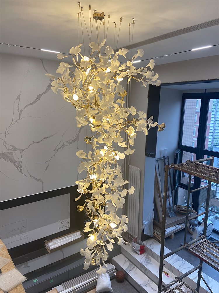 Nordic Style Ginkgo Branch Leaves Oversized Chandelier Staircase Modern Petal Chandeliers Pendant Lights Villa Mall Lighting