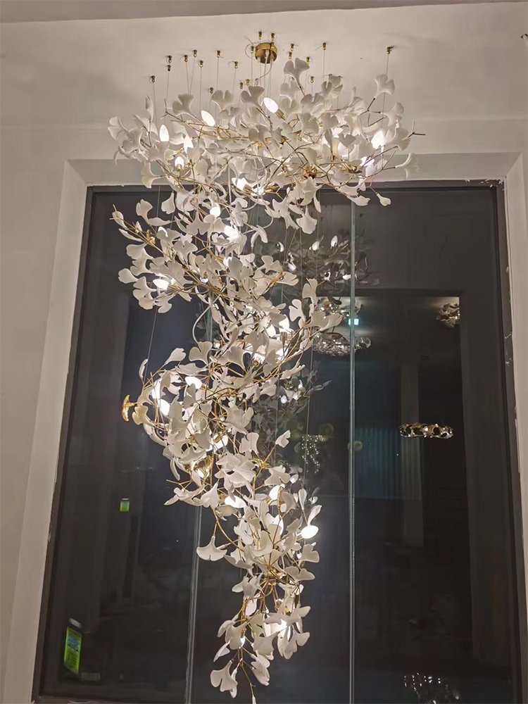 Nordic Style Ginkgo Branch Leaves Oversized Chandelier Staircase Modern Petal Chandeliers Pendant Lights Villa Mall Lighting