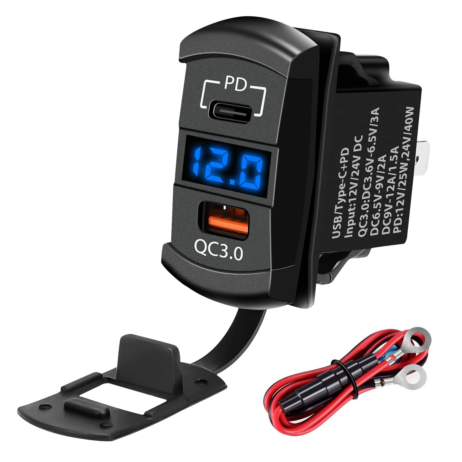 Rocker Switch 4.2A Dual USB Charger PD and QC3.0 Port with LED Power Socket