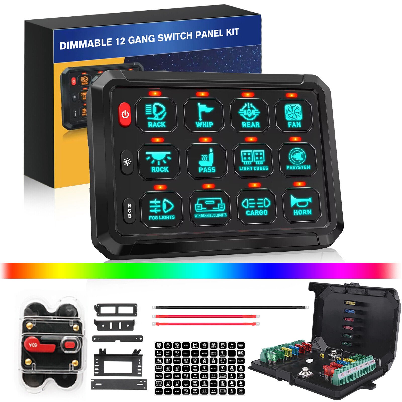 12-Gang Switch Panel Multifunction RGB Led Work Light Bar Switch Box Controller