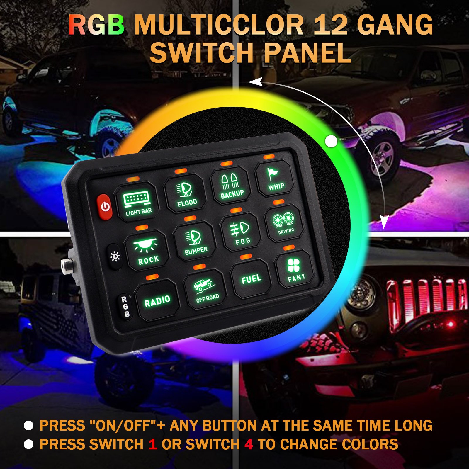 12V 24V Control Kit 12 Gang Car Led Light Switch Panel LED 12 Gang Switch Panel for Auto jeep Off-road Vehicle