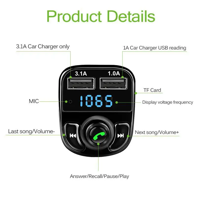 Wireless Car Bluetooth Adapter V5.0 With Big Color Screen Car Kits MP3 Player Bluetooth Transmitter USB MP3 Car Player