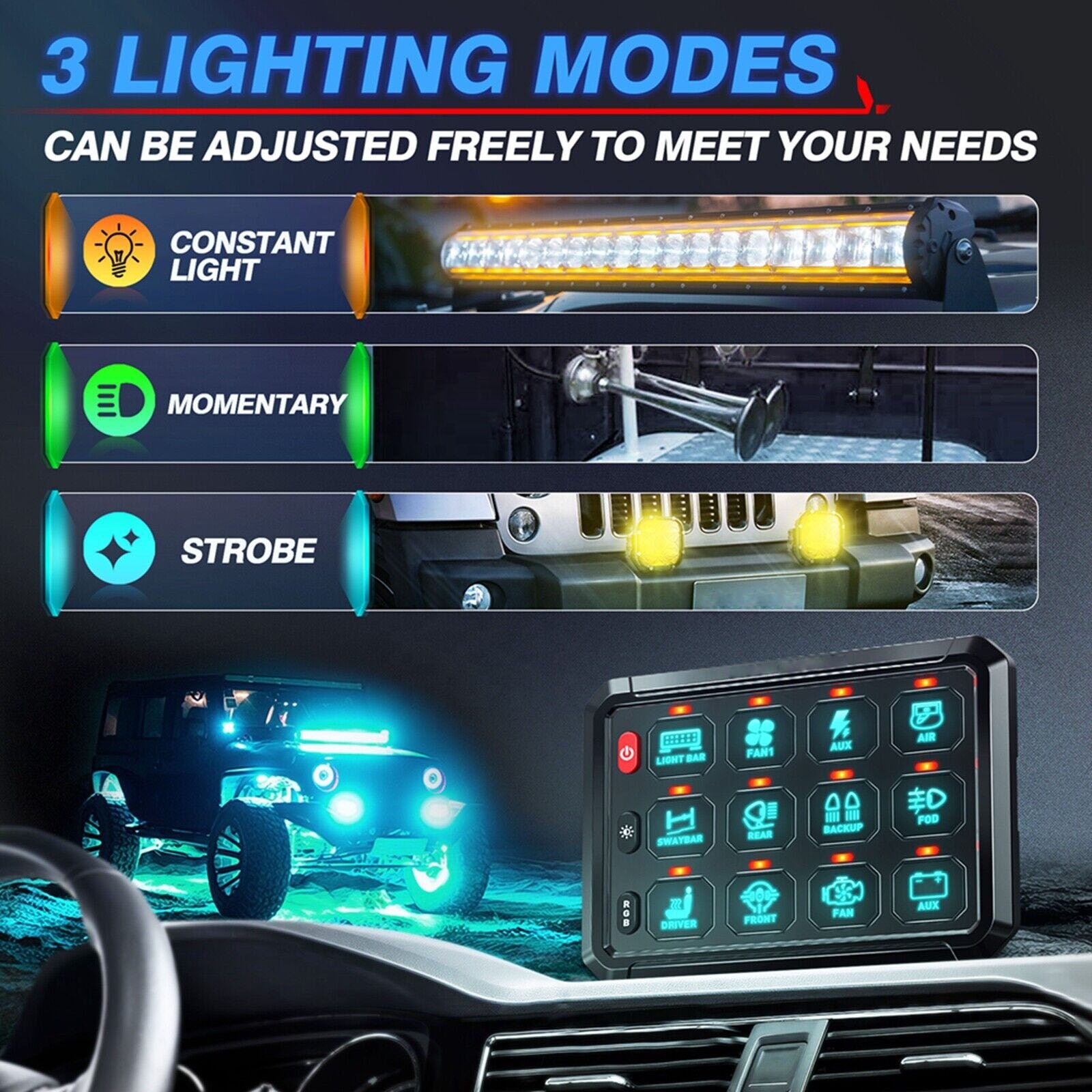 Multifunction Switch Pod Momentary Strobe Circuit Control Box Ouch Screen RGB 12 Gang Switch Panel