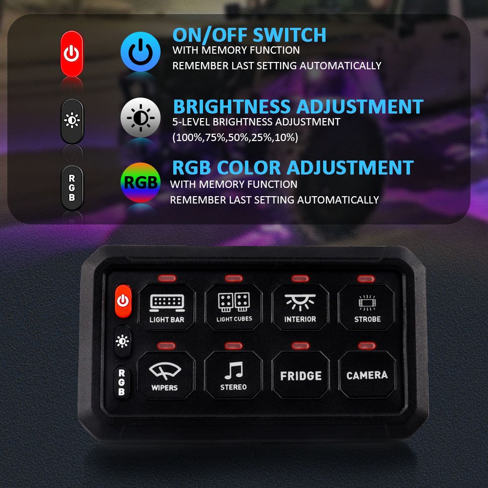 Universal RGB 8 Gang Led Touch Switch Panel Control 12v Car Control Panel for Utv off Road Car Suv