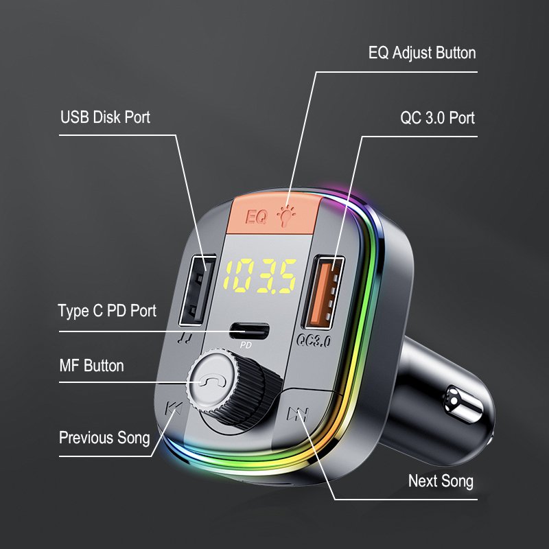 QC 3.0+PD Dual USB Car Charger Hands Free Car Kit Mp3 Player Car FM Transmitter Wireless FM Modulator Transmitter
