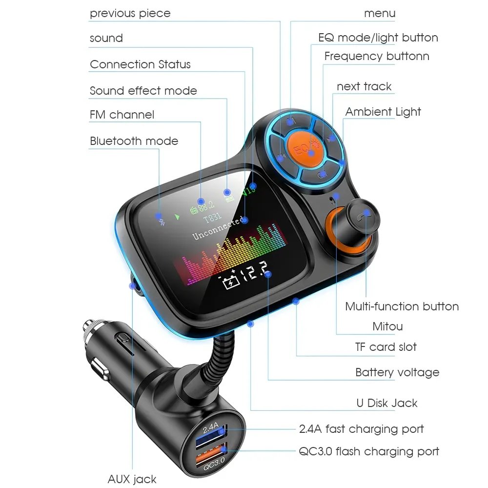 Car Mp3 Player Bluetooth Car Kit Wireless Hands Free FM Transmitter BT5 USB Charger LCD Monitor Car FM Modular
