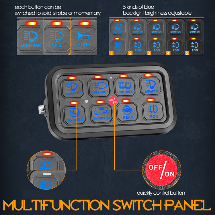 8 Gang LED Auto Switches Blue Backlit Momentary Pulsed Condition New Toggle Switch Panel for Lighting System