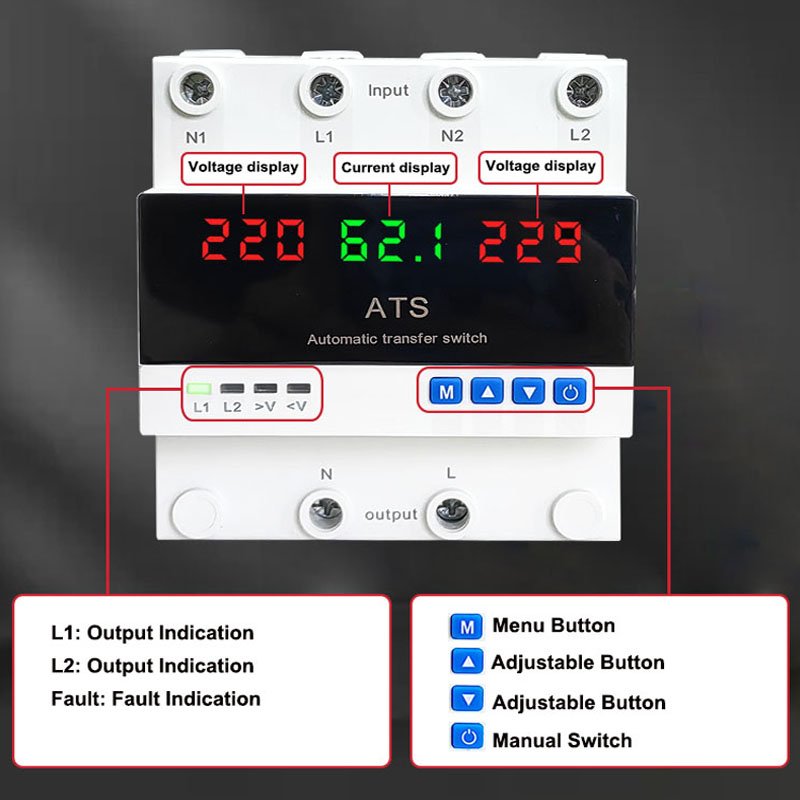 Adjustable 3P 63a 220v Din Rail ATS for PV and Inverter Dual Power Solar Auto Transfer Switch