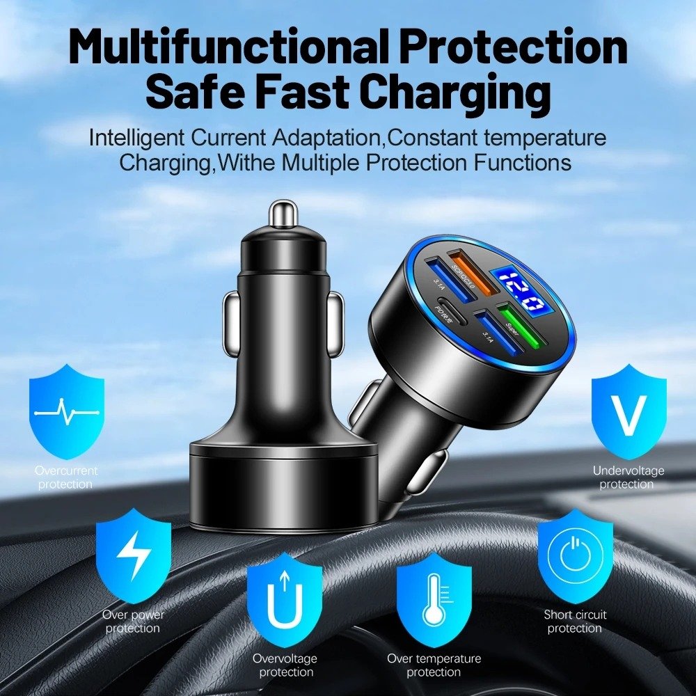 Qc Pd Car Charger Portable 5 in 1 Black OEM Mobile Phone Tablet MP3 GPS 5 in 1 USB a Type C Ports Car Charger Yi Technology