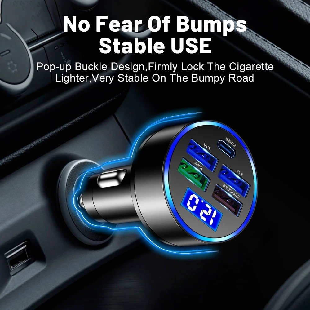 Qc Pd Car Charger Portable 5 in 1 Black OEM Mobile Phone Tablet MP3 GPS 5 in 1 USB a Type C Ports Car Charger Yi Technology