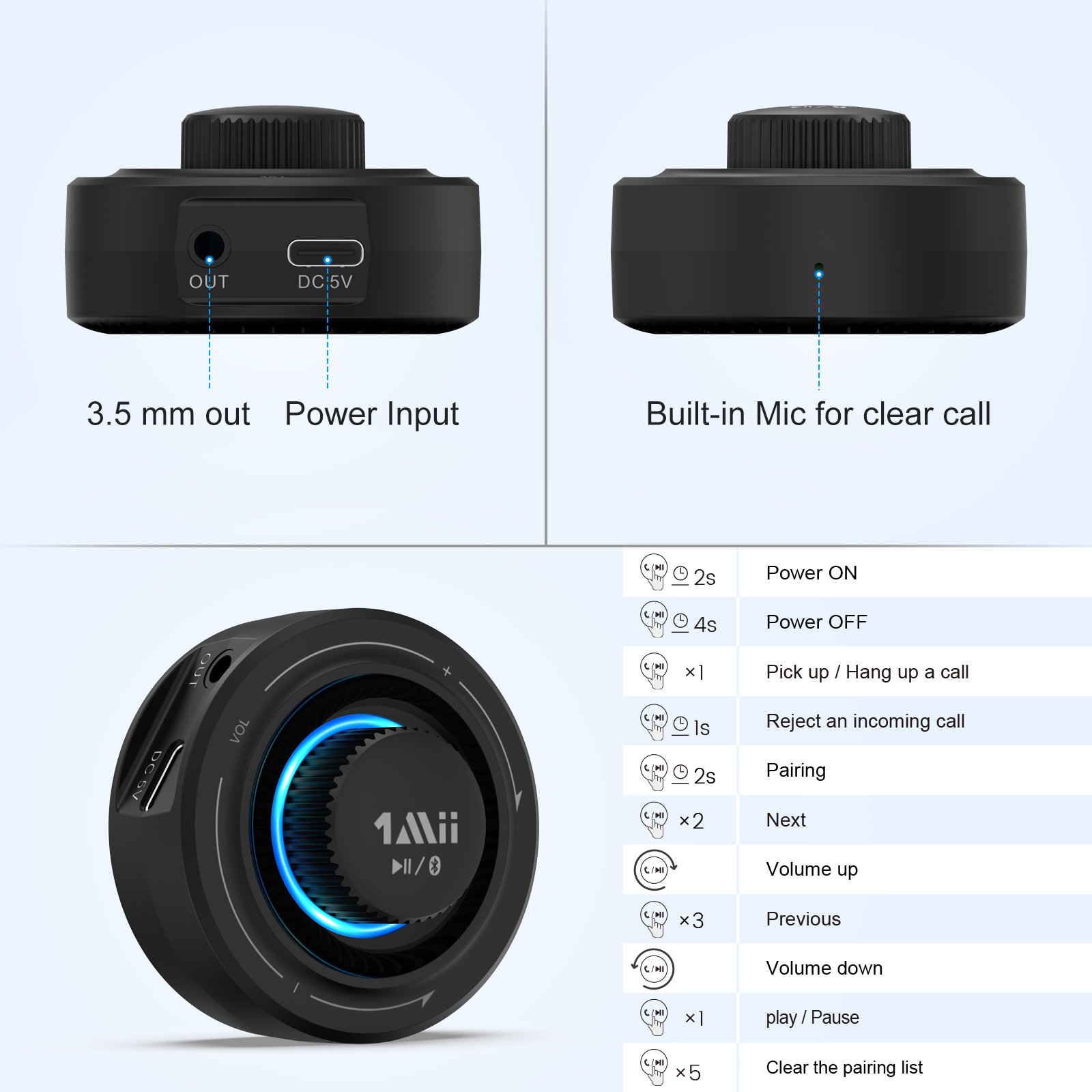 1Mii B06T4 In-Car Bluetooth Kit 3.5mm AUX Bluetooth Adapter 12 Hours Play Time Bluetooth 5.2 Audio Receiver
