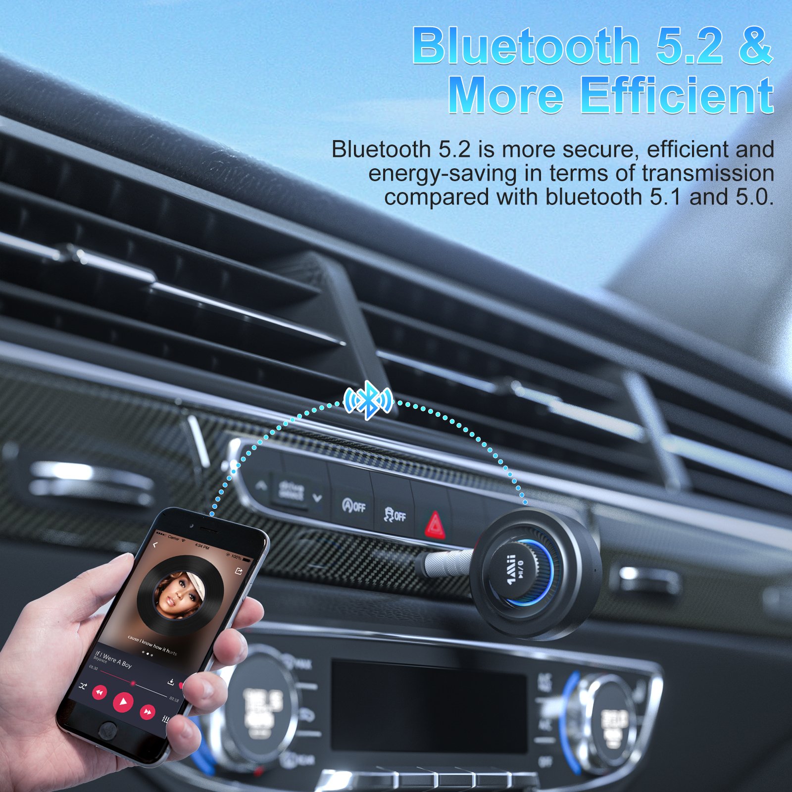 1Mii B06T4 In-Car Bluetooth Kit 3.5mm AUX Bluetooth Adapter 12 Hours Play Time Bluetooth 5.2 Audio Receiver