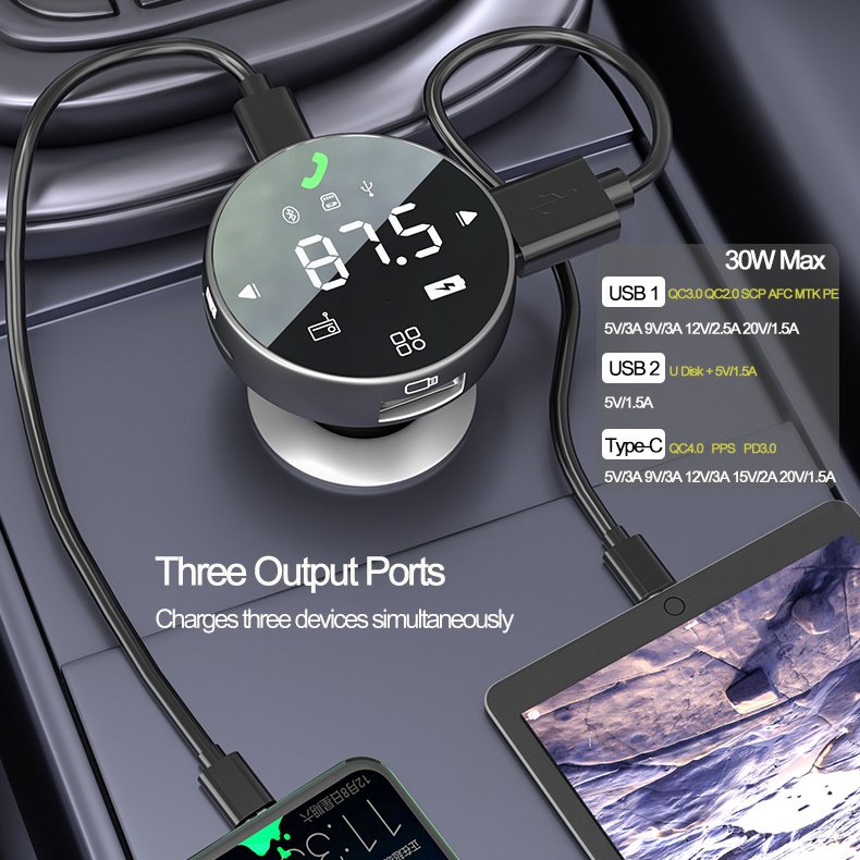 Fm Transmitter for Car Fast Charger Qc3.0 Usb Type C Pd Charger Car Usb Charger Mp3 Player BT 5.0 Handsfree Wireless Car Kit