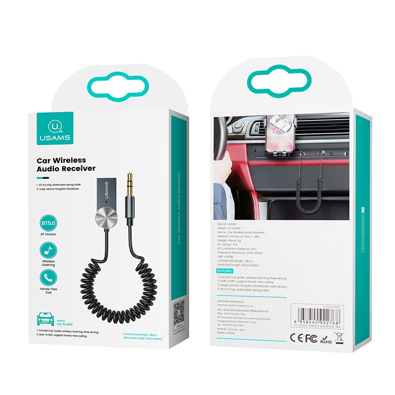 USAMS SJ464 3.5mm Wireless Car Kit Bluetooth 5.0 Aux Audio Adapter for Car Audio Receiver