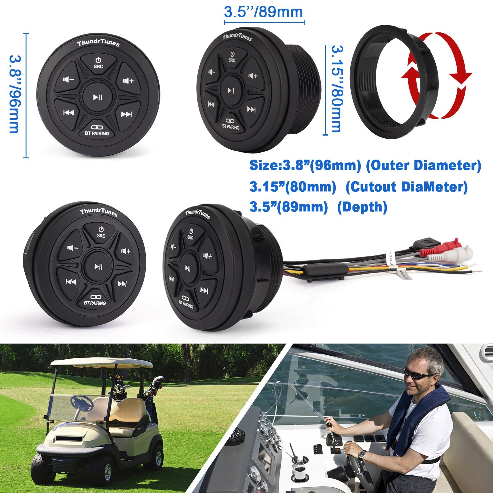 Waterproof Marine Amplified Wireless Bluetooth Audio Controller Kit W/Aux, Mount for Car Truck Motorcycle Boat ATV UTV Golf Cart