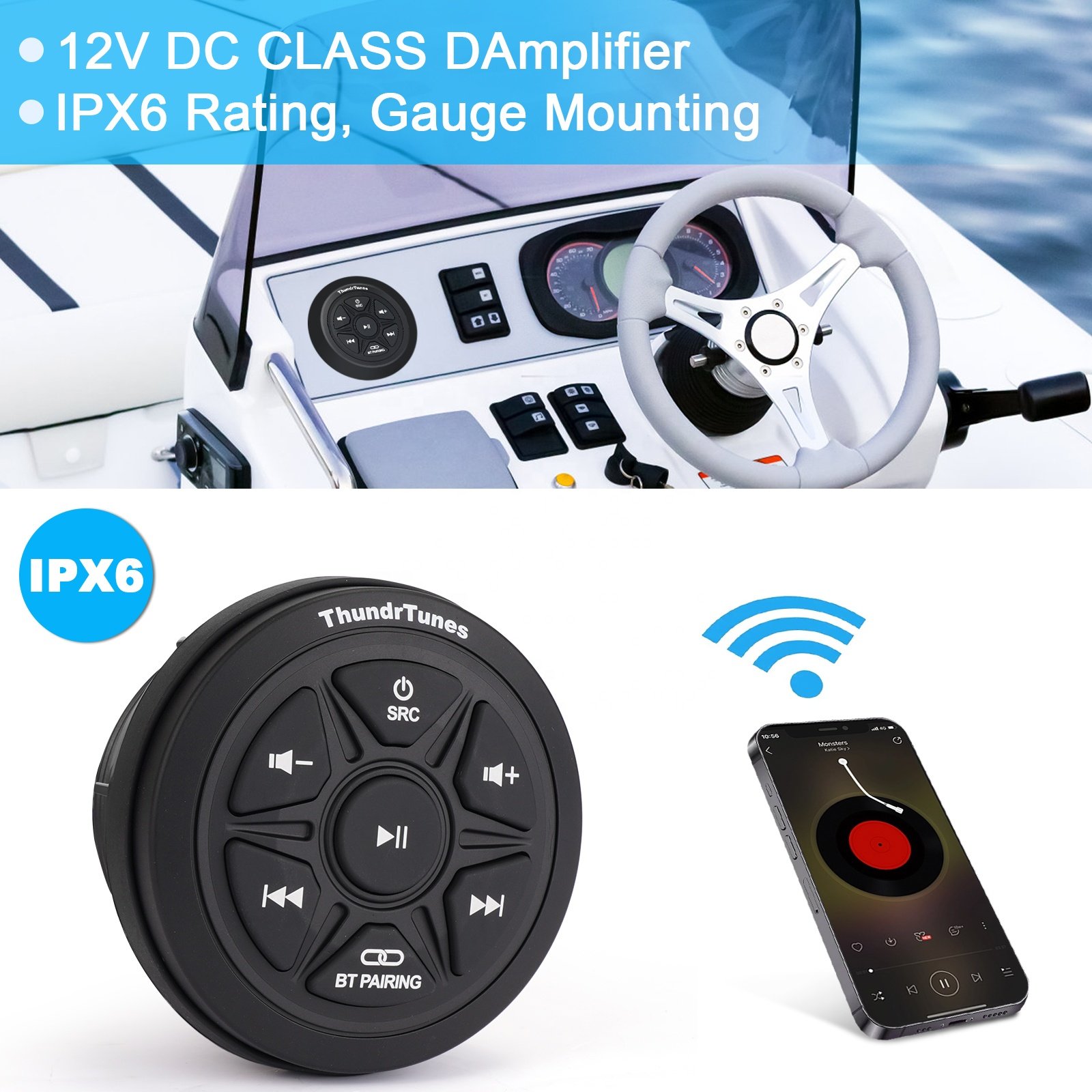 Waterproof Marine Amplified Wireless Bluetooth Audio Controller Kit W/Aux, Mount for Car Truck Motorcycle Boat ATV UTV Golf Cart