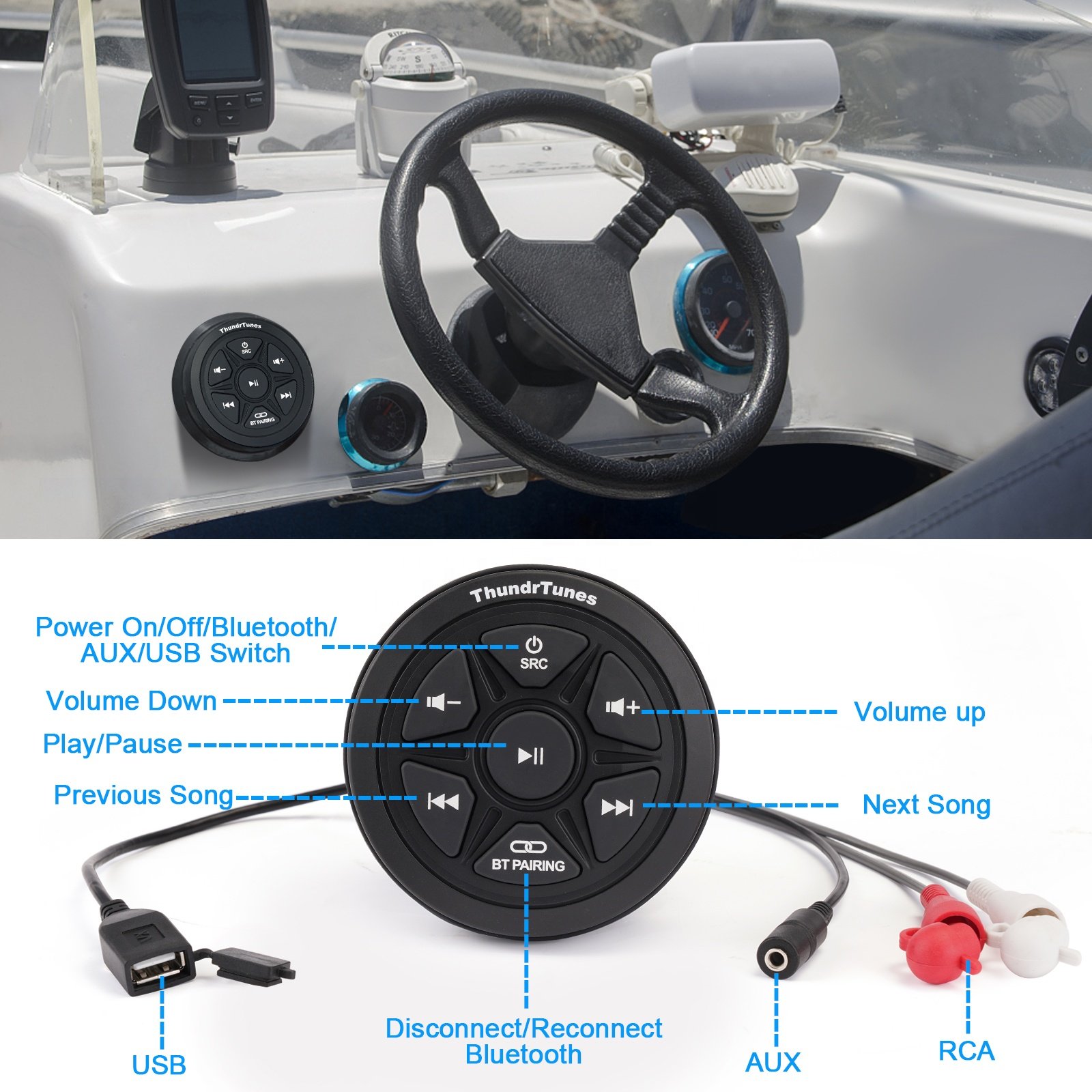 Waterproof Marine Amplified Wireless Bluetooth Audio Controller Kit W/Aux, Mount for Car Truck Motorcycle Boat ATV UTV Golf Cart