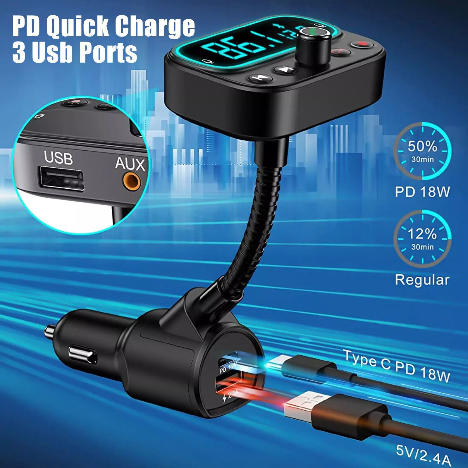New Bluetooth 5.0 Car Wireless FM Transmitter Adapter 2x USB + Type-C AUX Hands-Free