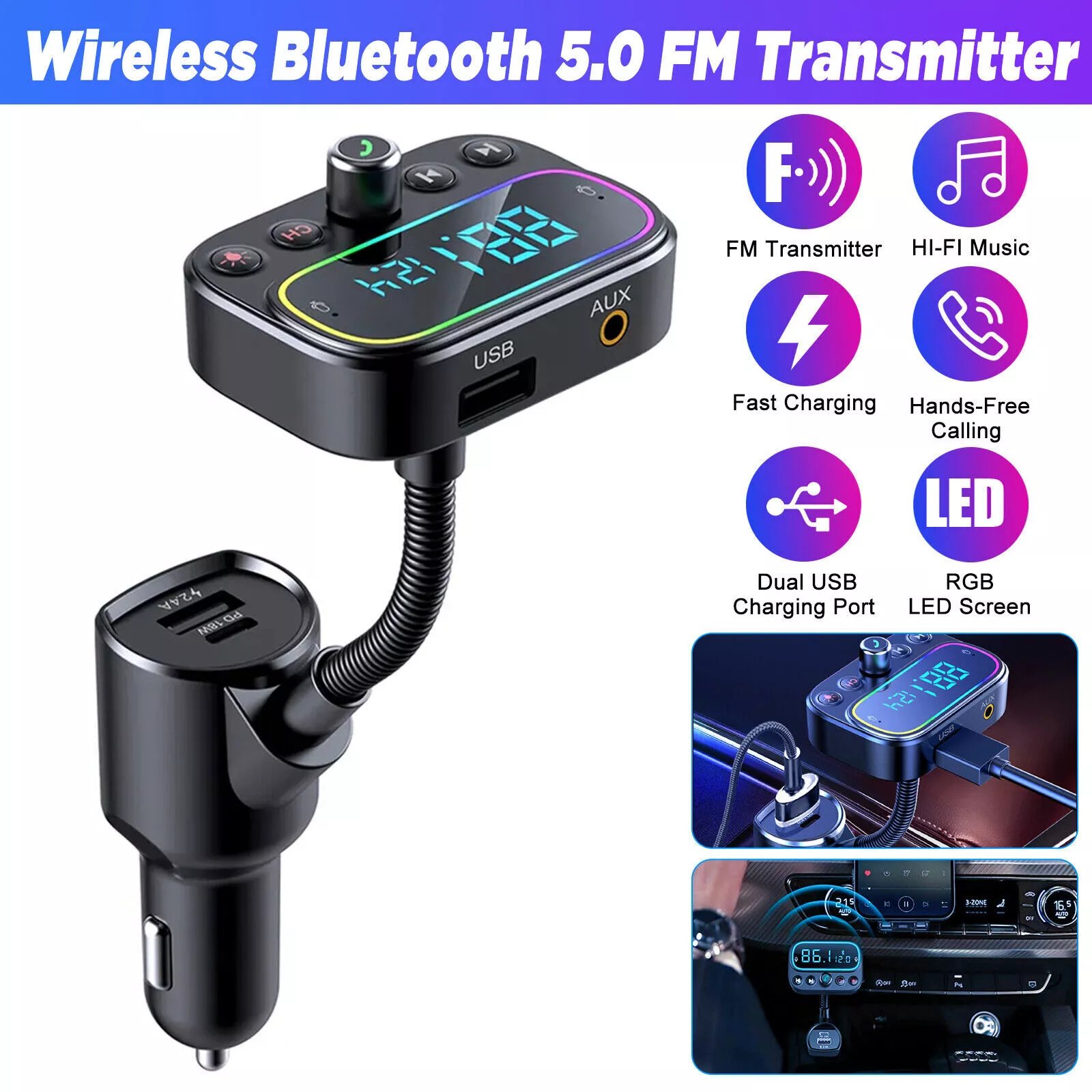 New Bluetooth 5.0 Car Wireless FM Transmitter Adapter 2x USB + Type-C AUX Hands-Free