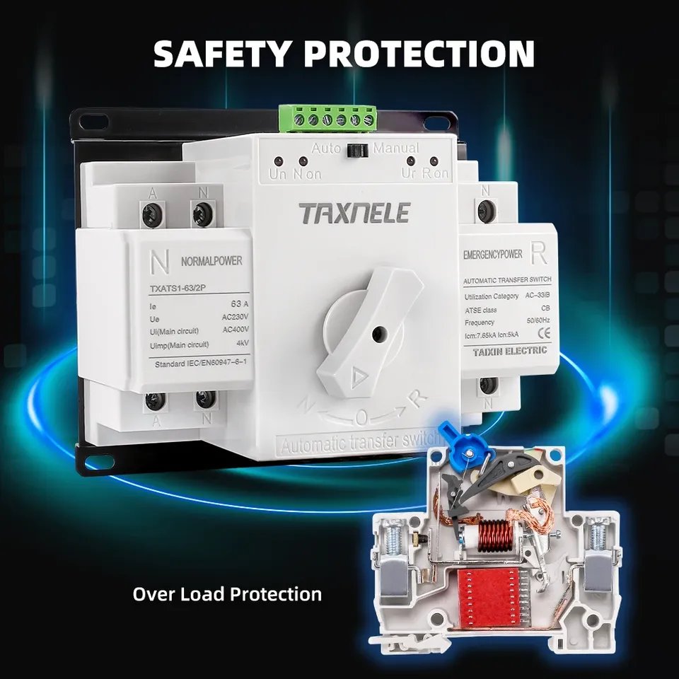 ATS 2P 63A Dual Power Automatic Transfer Switch AC230V MCB Auto Changeover Switch Circuit Breakers Uninterrupted Power