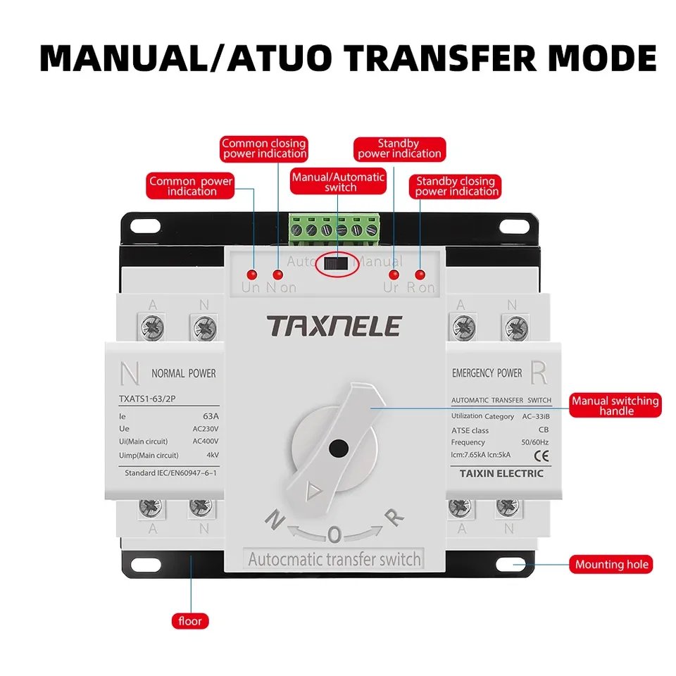 ATS 2P 63A Dual Power Automatic Transfer Switch AC230V MCB Auto Changeover Switch Circuit Breakers Uninterrupted Power