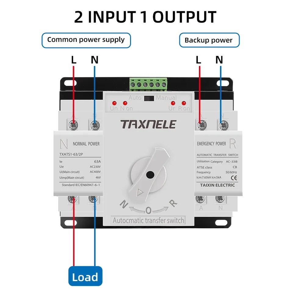 ATS 2P 63A Dual Power Automatic Transfer Switch AC230V MCB Auto Changeover Switch Circuit Breakers Uninterrupted Power