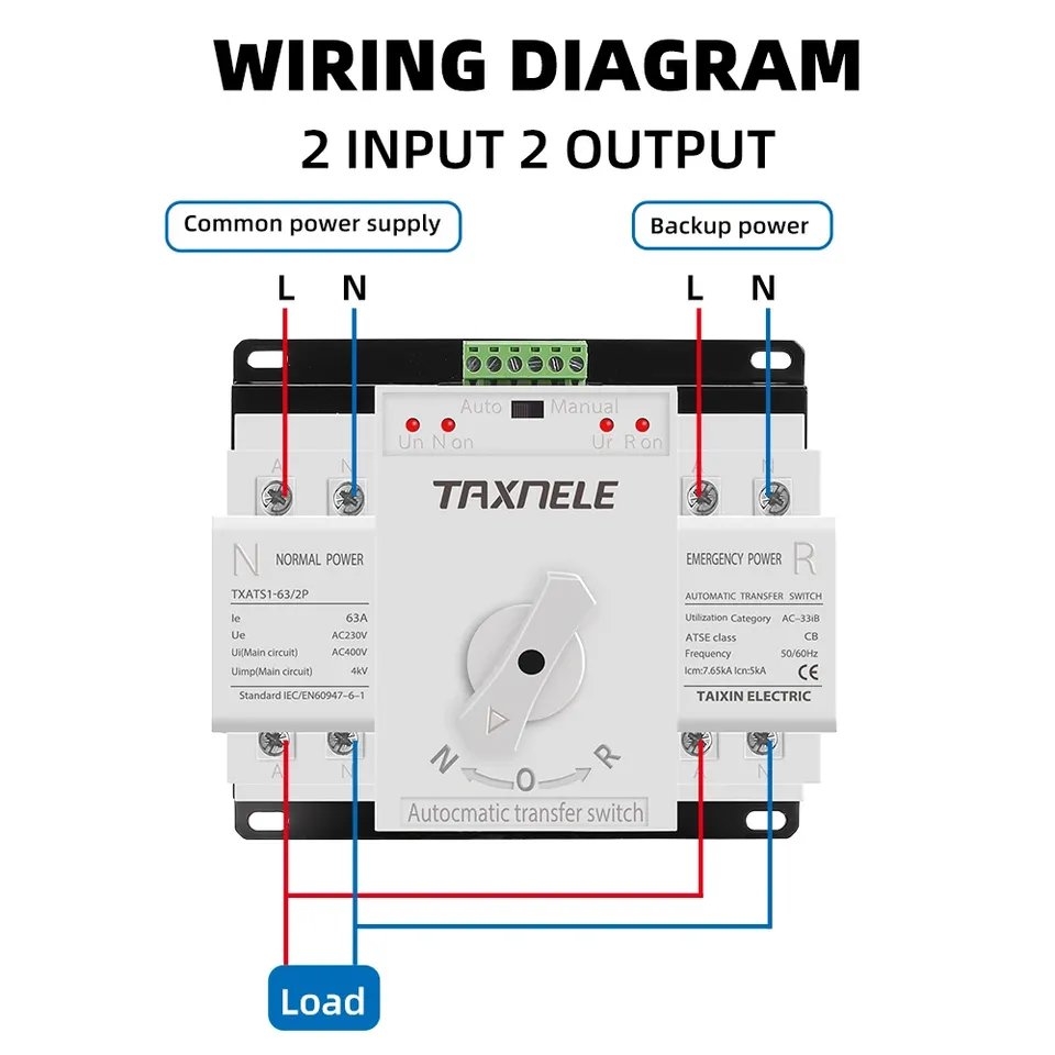ATS 2P 63A Dual Power Automatic Transfer Switch AC230V MCB Auto Changeover Switch Circuit Breakers Uninterrupted Power
