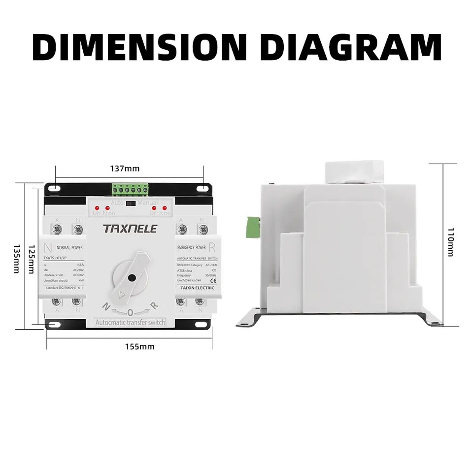 ATS 2P 63A Dual Power Automatic Transfer Switch AC230V MCB Auto Changeover Switch Circuit Breakers Uninterrupted Power
