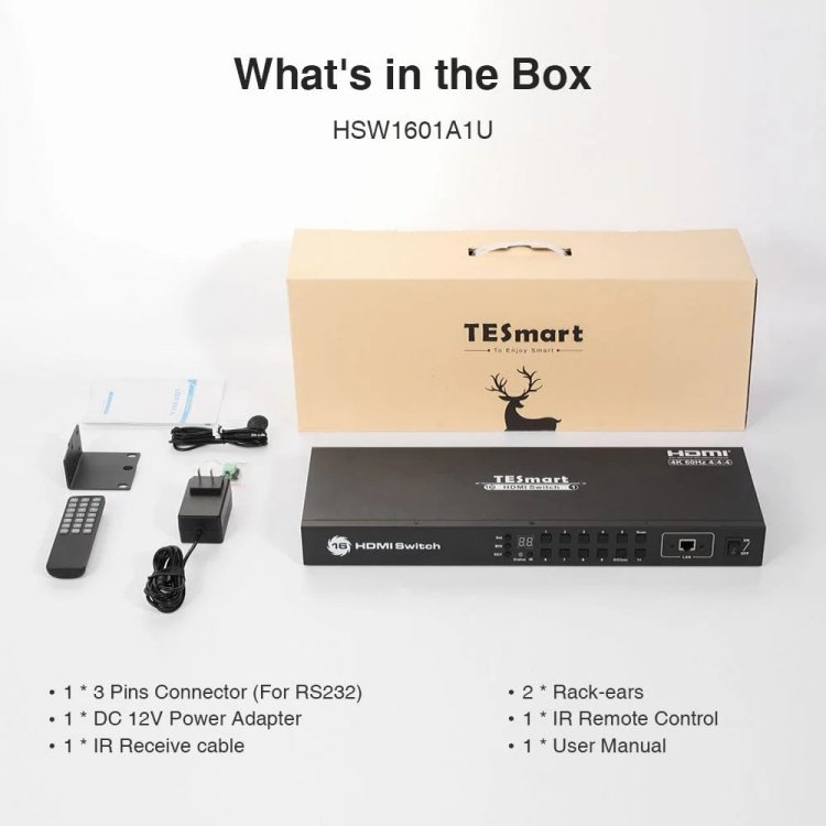 TESmart 16x1 Rackmount HDMI Switch with 4K 60HZ USB RS232 LAN Port Support HDCP 2.2 Switcher 16 Ports Box