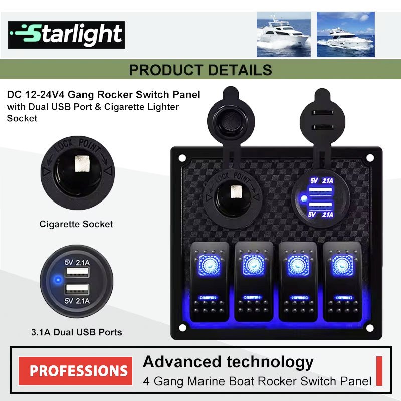 Pre-wired 4 Gang Auto Switch Panel with Dual USB Ports Fuse Box for Car RV 12V 24V System