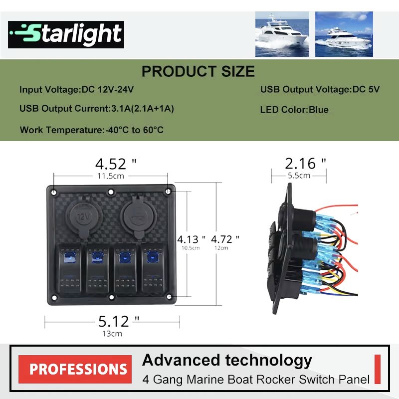Pre-wired 4 Gang Auto Switch Panel with Dual USB Ports Fuse Box for Car RV 12V 24V System