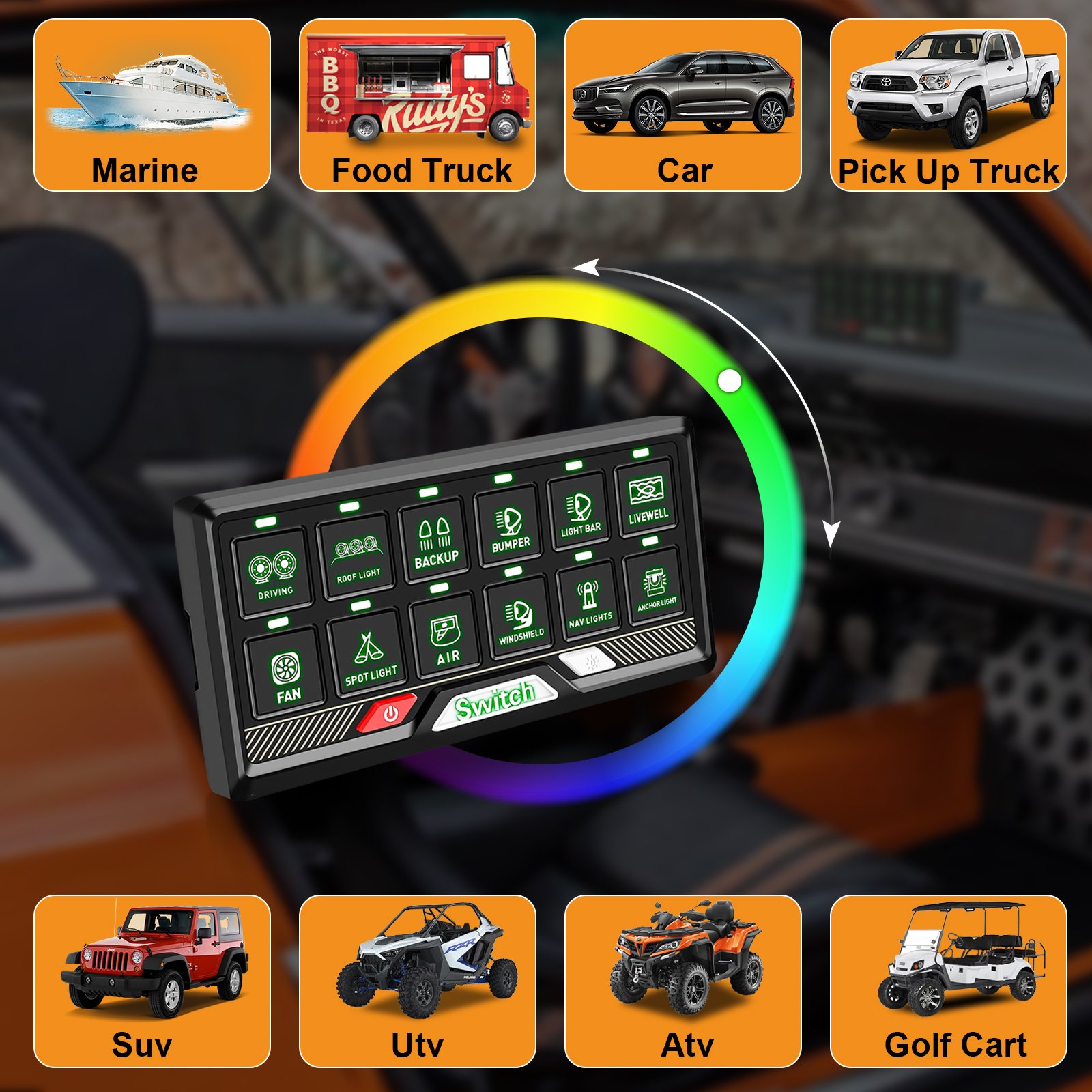 2024 New Truck General 12v 24v 4x4 Lights Off Road New 12 Gang RGB Dimmable Automatic Auto Switch Panel With Circuit Control Box