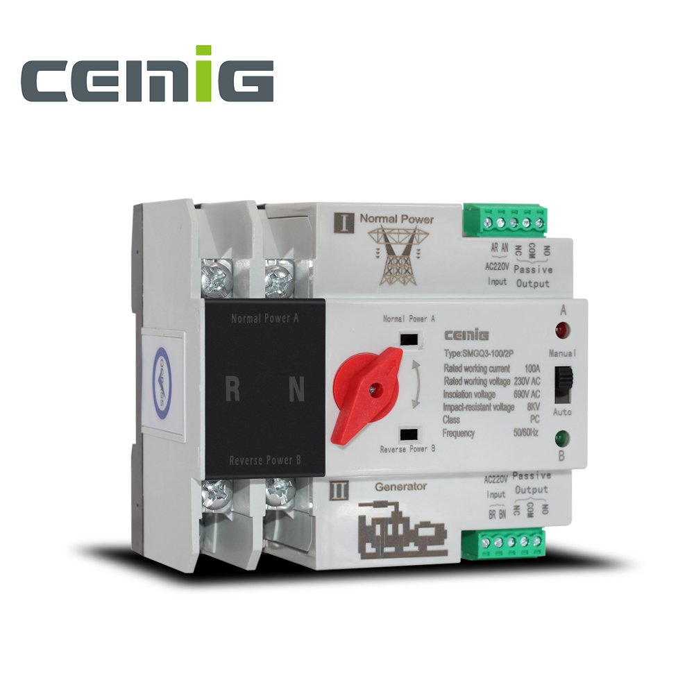 CEMIG ATS SMGQ3-63 2P PC Type AC230V Din Rail Dual-Power Auto Transfer Switch Manual Auto Operation for Grid/Generator