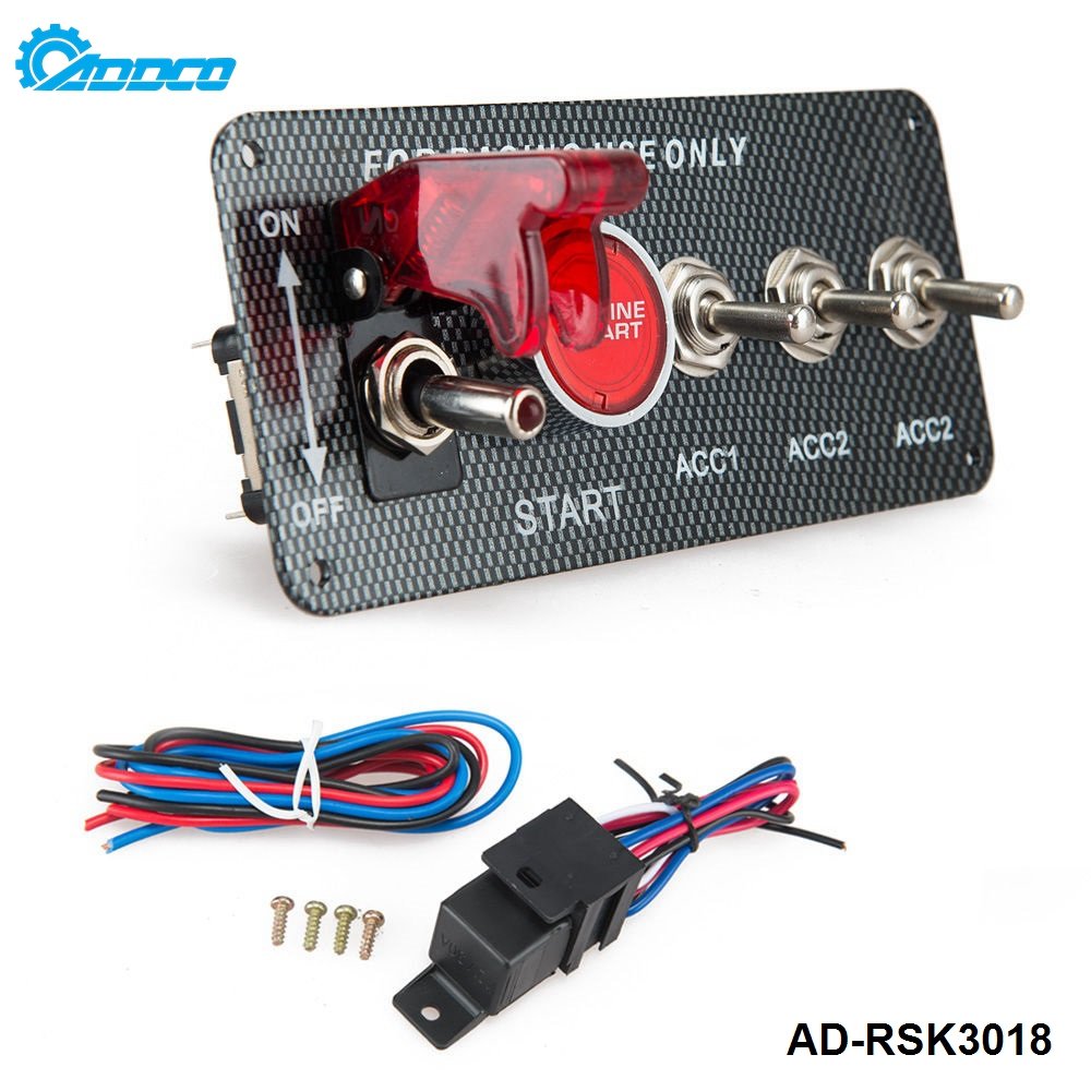 ADDCO 4in1 Carbon Fiber Panel Racing Car Engine Start Push Ignition Switch Panel Toggle Kits AD-RSK3018