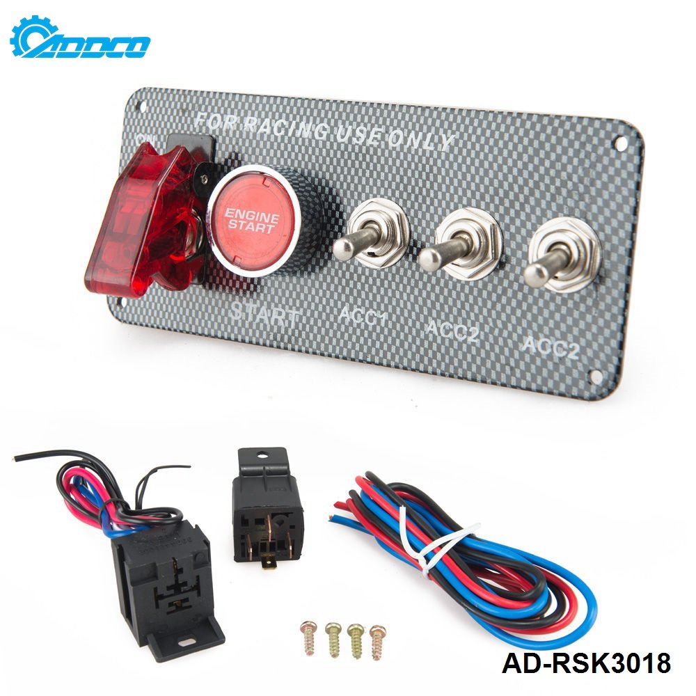 ADDCO 4in1 Carbon Fiber Panel Racing Car Engine Start Push Ignition Switch Panel Toggle Kits AD-RSK3018