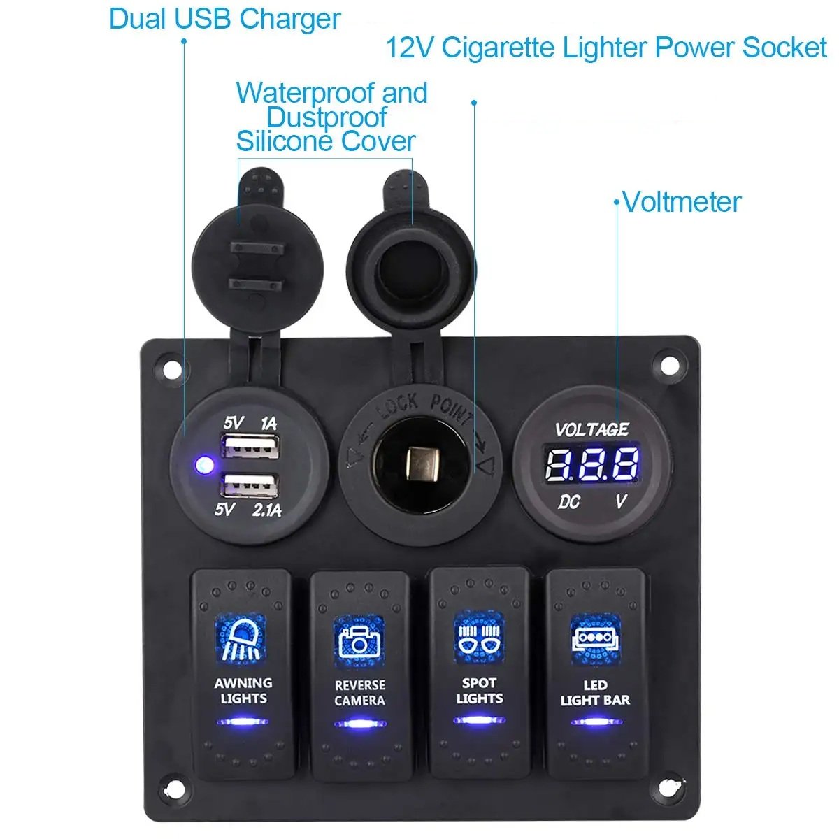 4 Gang 3 Hole Rocker Switch Dual USB Socket Voltmeter 12V 24V Waterproof Auto Switches Panel