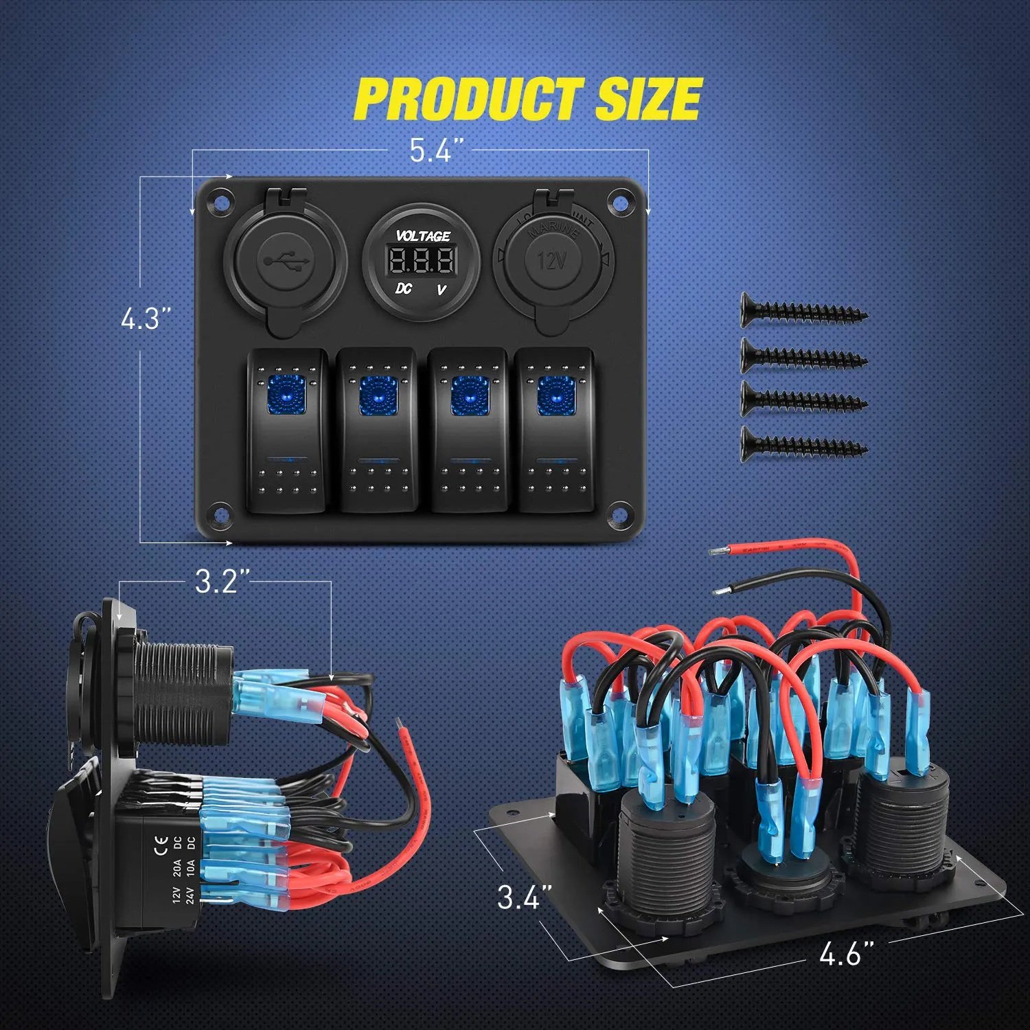 4 Gang 3 Hole Rocker Switch Dual USB Socket Voltmeter 12V 24V Waterproof Auto Switches Panel