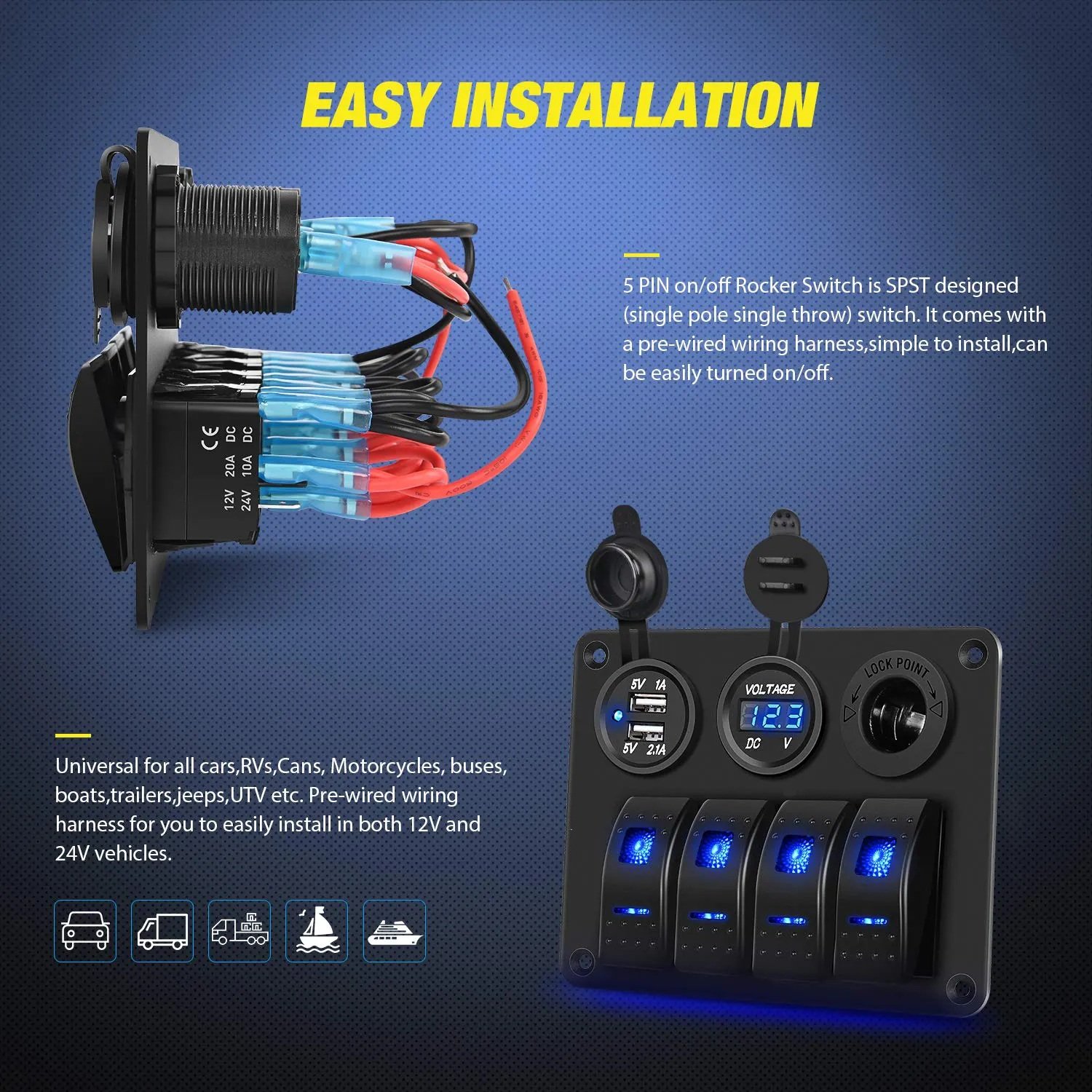 4 Gang 3 Hole Rocker Switch Dual USB Socket Voltmeter 12V 24V Waterproof Auto Switches Panel