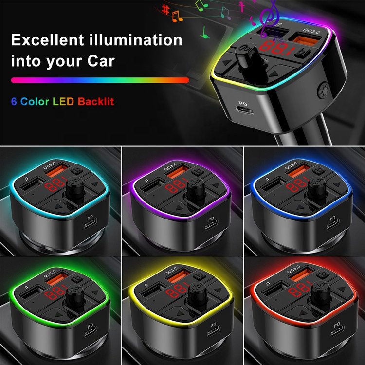CE ROHS Deep Bass Handsfree Kit QC3.0 and PD20W Dual Fast Car Charger Music Audio Adapter Wireless bluetooth Car Fm Transmitter
