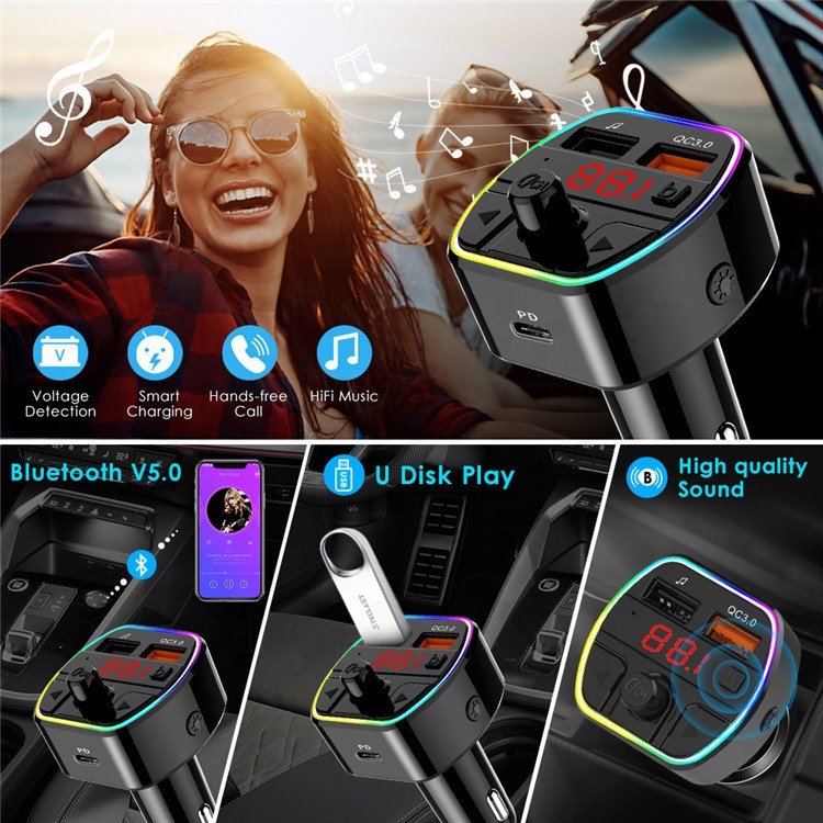 CE ROHS Deep Bass Handsfree Kit QC3.0 and PD20W Dual Fast Car Charger Music Audio Adapter Wireless bluetooth Car Fm Transmitter