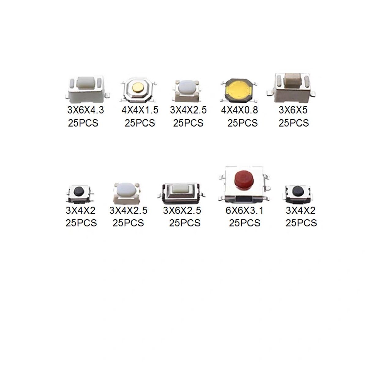 250PCS Light Touch Switch Car Switch Buttons 10 Specifications Each with 25 SMT Switches