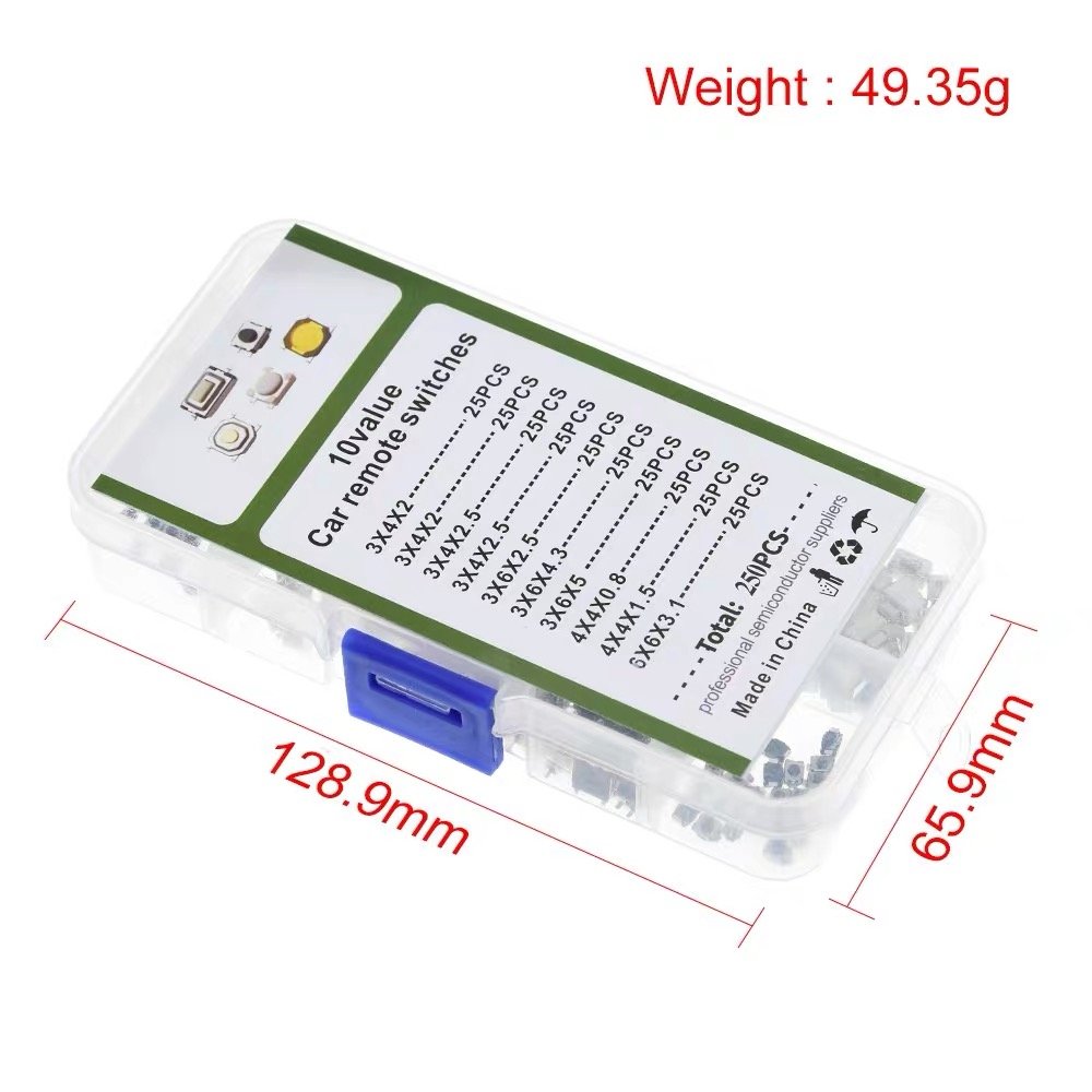 250PCS Light Touch Switch Car Switch Buttons 10 Specifications Each with 25 SMT Switches